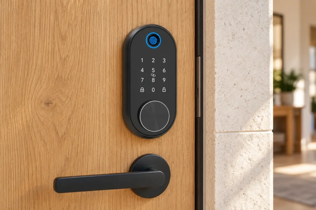 Starlight C020 smart lock mounted on a wooden door, illustrative installation scene