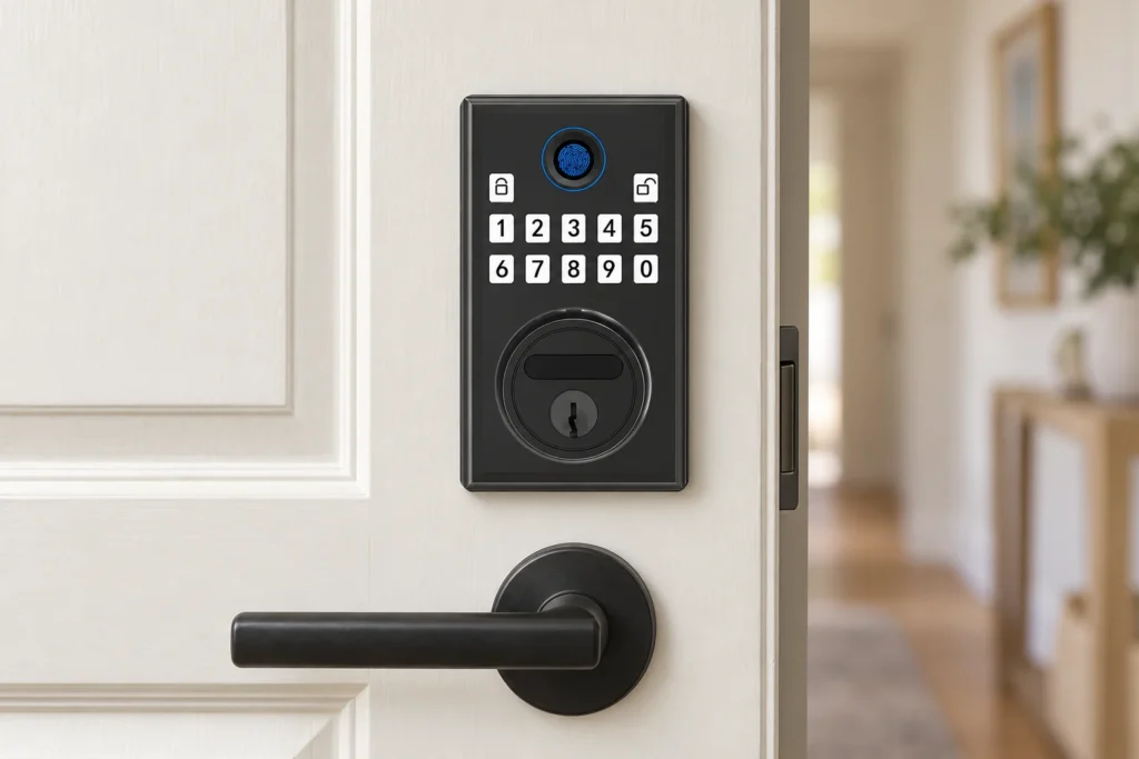 Starlight DS300 smart lock mounted on a wooden door, illustrative installation scene