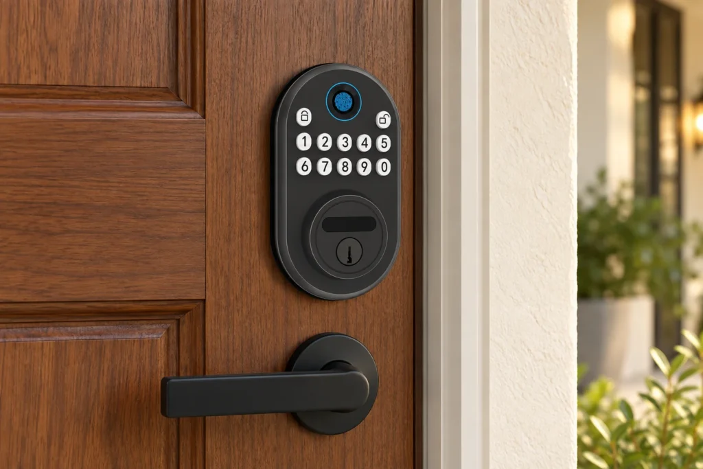 Starlight DSS500 smart lock mounted on a wooden door, illustrative installation scene